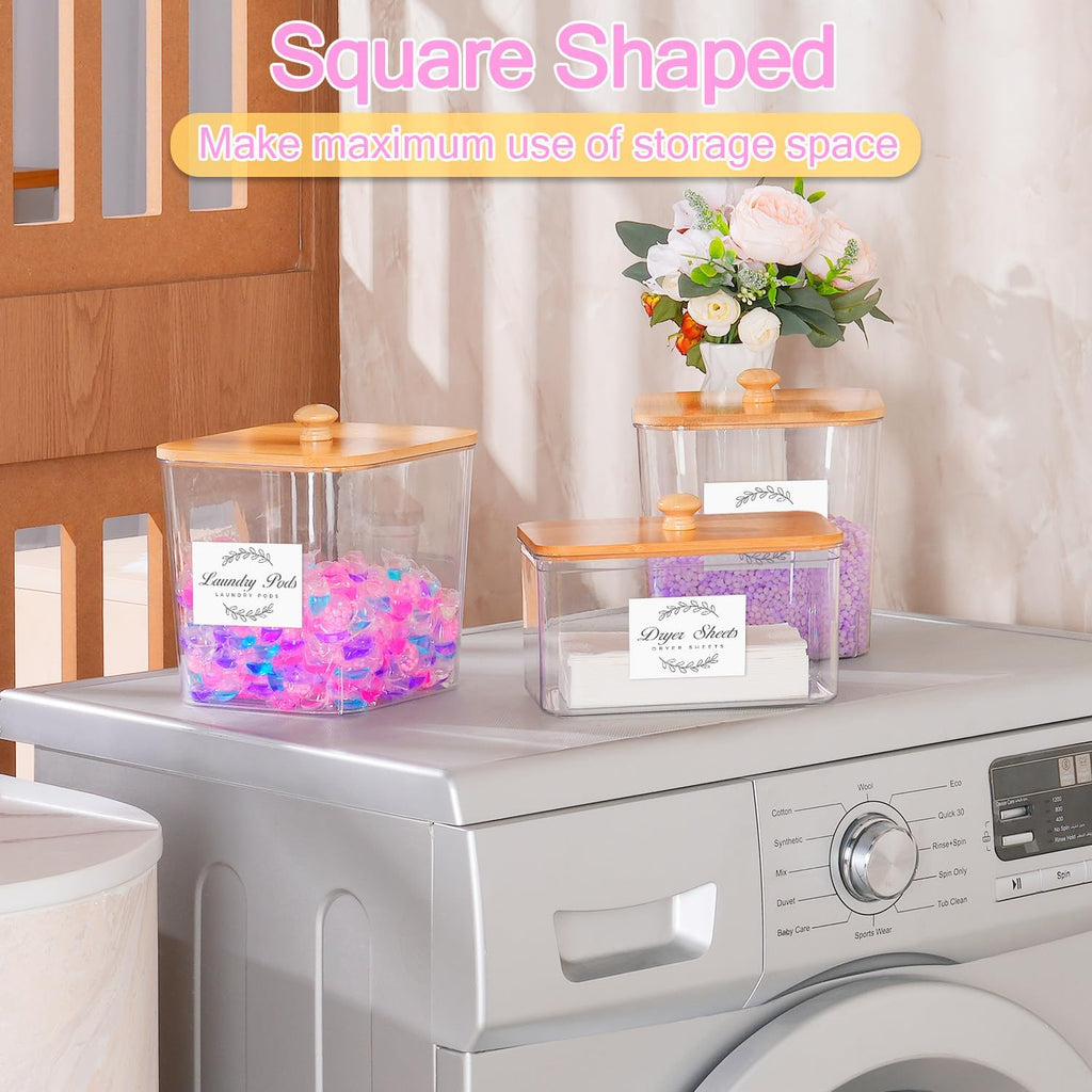 efluky 3 Pack Laundry Pods Container & Dryer Sheet Holder Set,Clear Laundry Room Organization Containers with Bamboo Lids and Labels,Laundry Pods Holder for Scent Booster,Powder,Pod