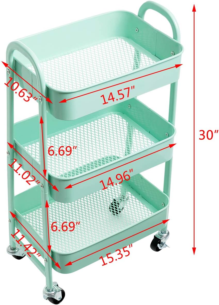 AGTEK Makeup Cart, Movable Rolling Organizer Cart, Macaron Blue 3 Tier Metal Utility Cart