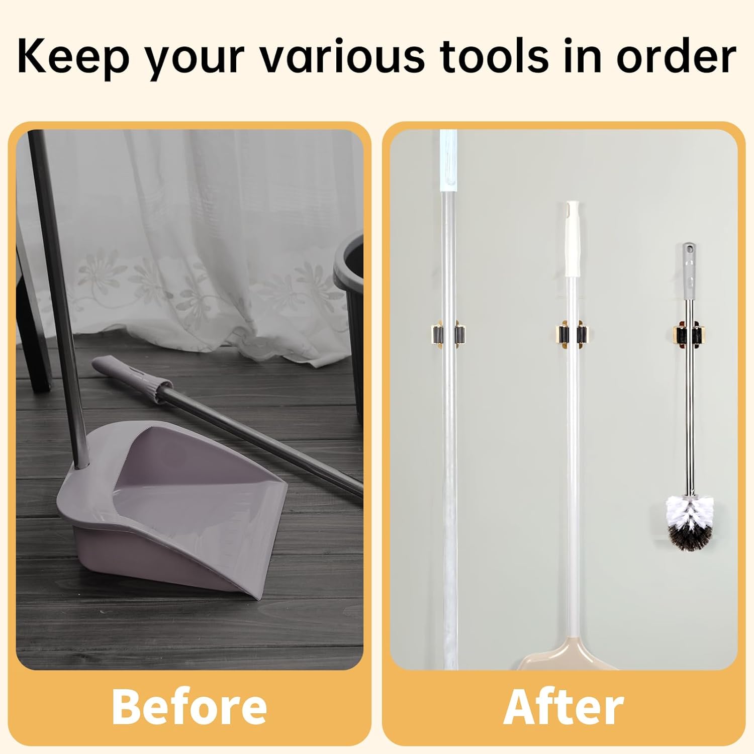 4pcs Anti-Slip Broom and Mop Holder,Wall Mounted Utility Rack with Screws,Stainless Steel Heavy Duty Mop and Broom Hanger,Space-Saving for Kitchen,Home,Bathroom,Garden,Garage Storage.Gold