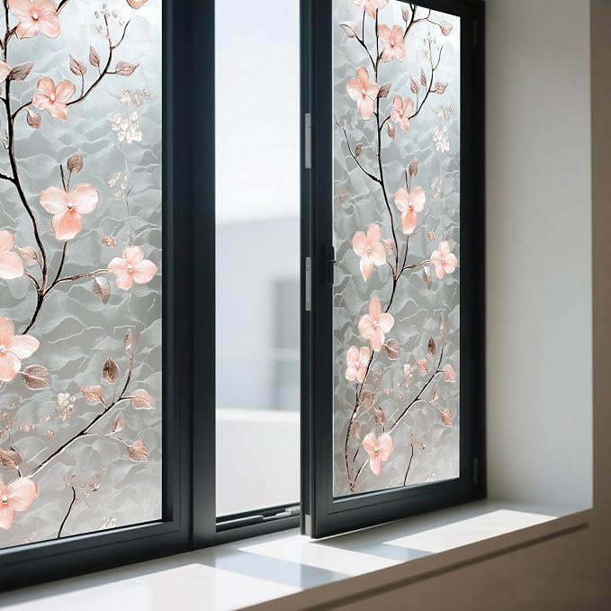 IVN Privacy Window Film Stained Glass Window Cling Pink Blossom Design - Image 7