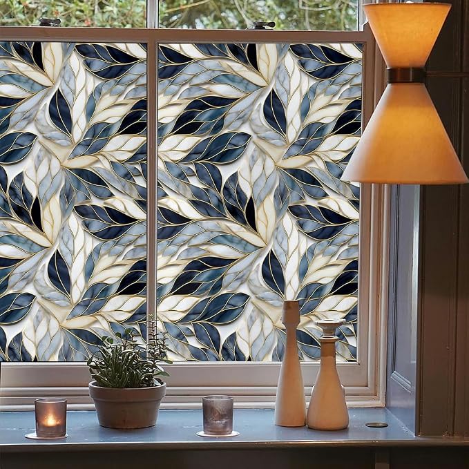 Modern Grey White Black Floral Leaf Mosaic Stained Glass Window Films - Image 3