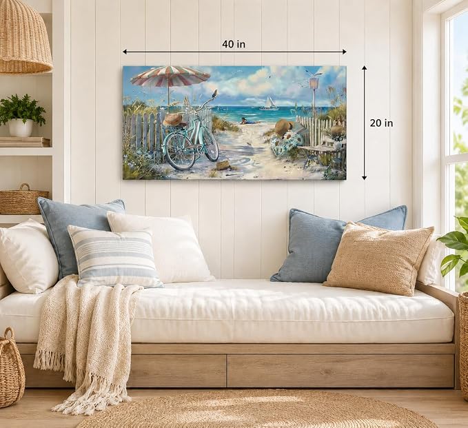 LRTNMTJ Coastal Bicycle Canvas Wall Art Beach Scene Oil Painting Print Summer - Image 3