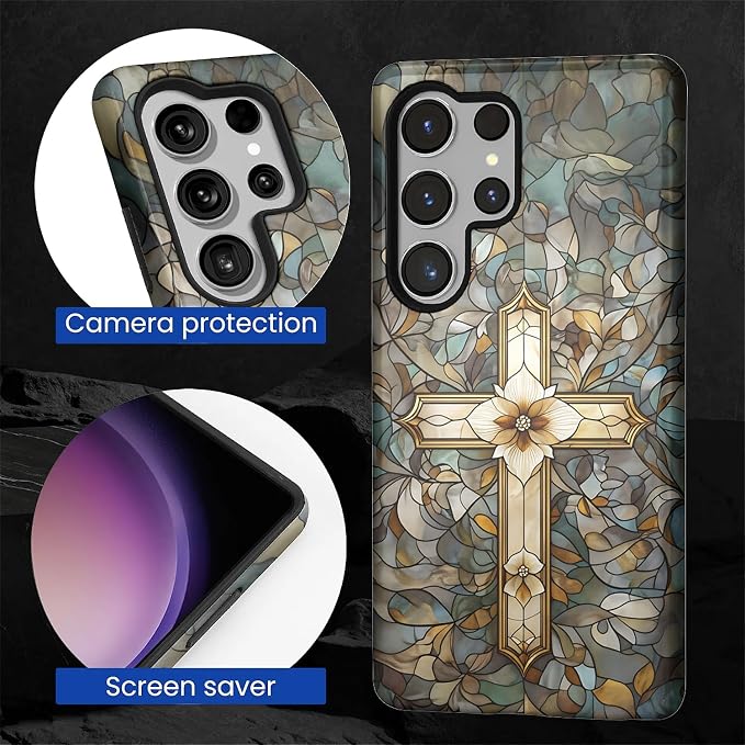for Samsung Galaxy S25 Ultra Case, Christian Cross Stained Glass Pattern Glossy - Image 6