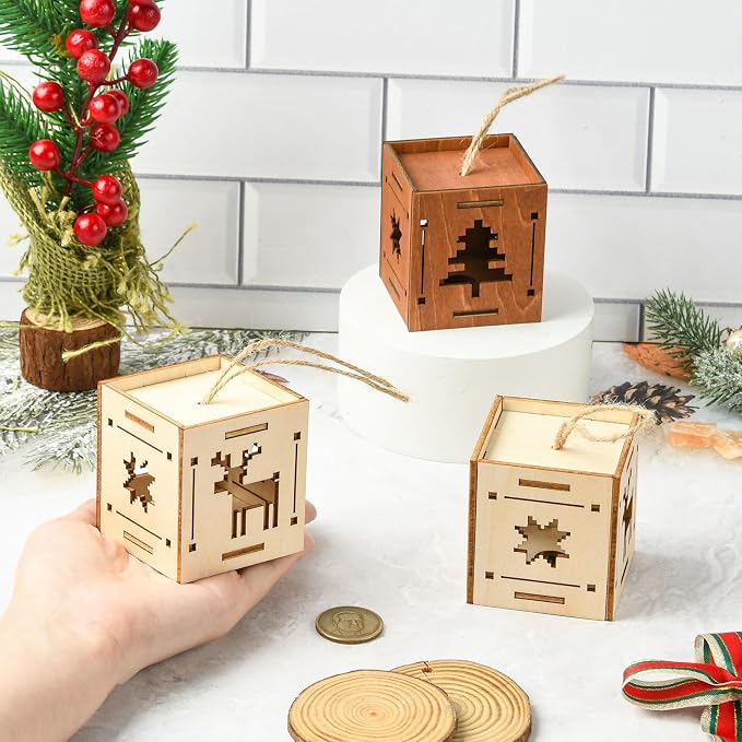 6 pcs 2 Styles Christmas Splicing Theme Undyed Wooden Cutout Charms Square - Image 4