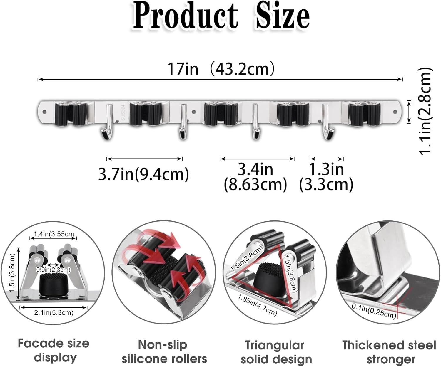 AceMining 5 Racks and 4 Hooks Mop and Broom Holder Wall Mount, Broom Organizer Storage Tool Racks Stainless Steel Heavy Duty Hooks Self Adhesive Solid Non-slip for Home Kitchen Garden Laundry Garage