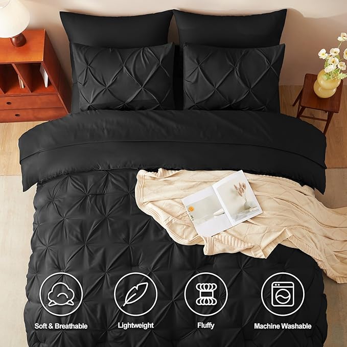 HIMEET Pintuck Bed in a Bag, 7 Pieces King Size Comforter Set Black, Luxury - Image 2