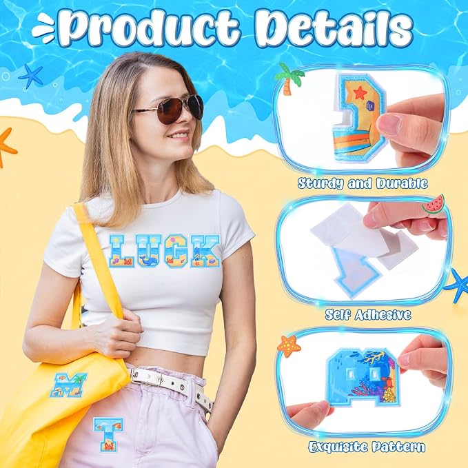 WILLBOND 52 Pcs Beach Alphabet Patches 2.8 Inch Self Adhesive Letter Patches - Image 3
