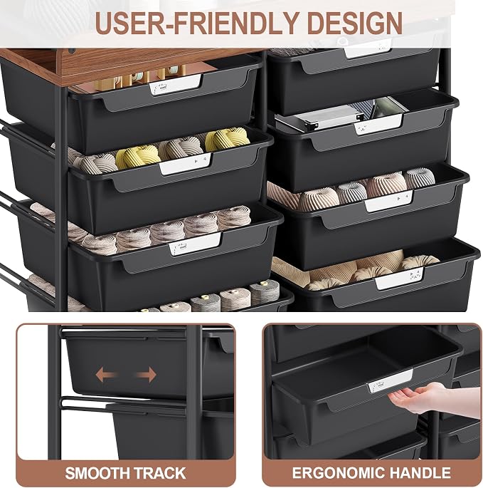 10 Drawers Rolling Cart with Wooden Tabletop, Utility Storage Cart with Wheels - Image 5
