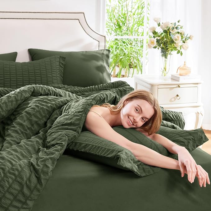 CozyLux Oversized Queen Comforter Set Olive Green Seersucker 7 Pieces 98x98 Bed - Image 7