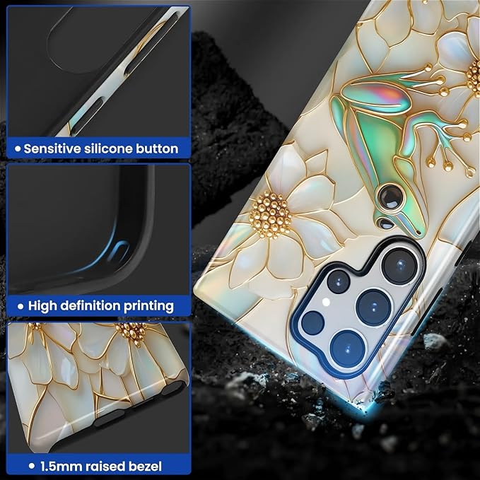 for Samsung Galaxy S23 Ultra Case, Stained Glass Frog Flowers Pattern Glossy 2 - Image 3