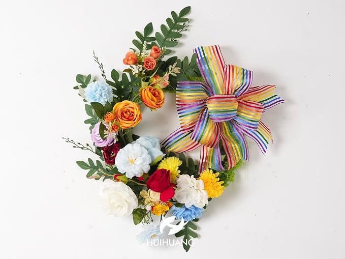 HUIHUANG Rainbow Stripe Sheer Wired Ribbon 2.5 inch Multi-Colored Stripes Wire - Image 5