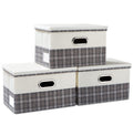 PRANDOM Collapsible Storage Bin with Lid [3-Pack] Fabric Foldable Storage Box Organizer Container Basket Cube with Cover for Home Bedroom Closet Office Nursery Gray plaid & Cream(14.9x9.8x9.8)