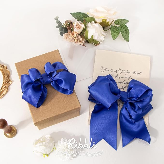 Ribbli Royal Blue Double Faced Satin Wired Ribbon 2.5 Inch Blue Christmas Ribbon - Image 3