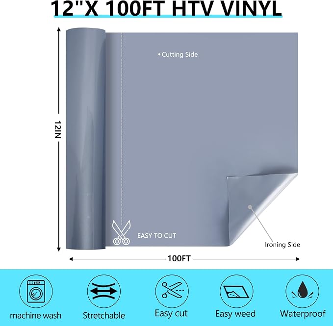 HTVVETUR Gray Iron on Vinyl Roll 12" x 100ft, HTV Heat Transfer Vinyl, Easy Cut - Image 2