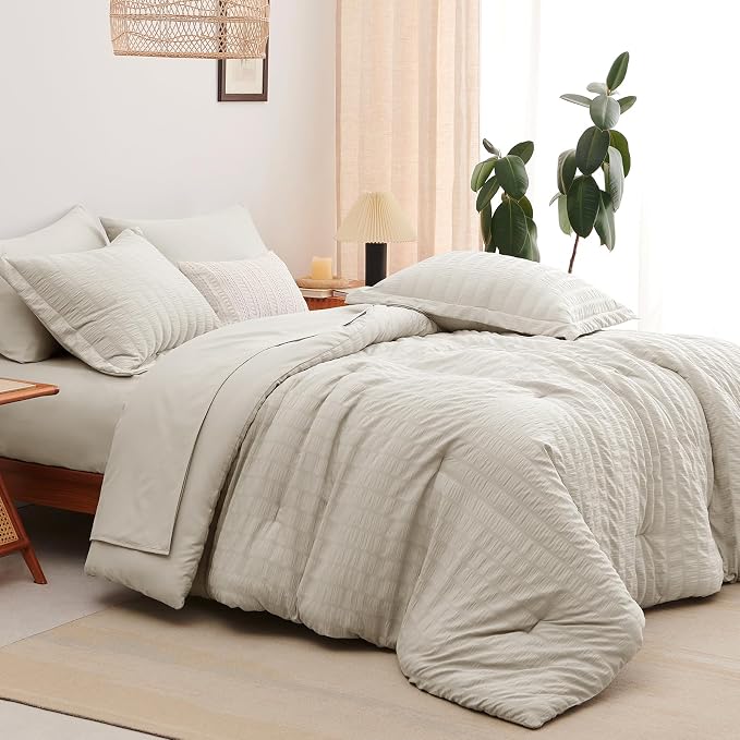 CozyLux Oversized Queen Comforter Set Beige Seersucker 7 Pieces 98x98 Bed in a - Image 9