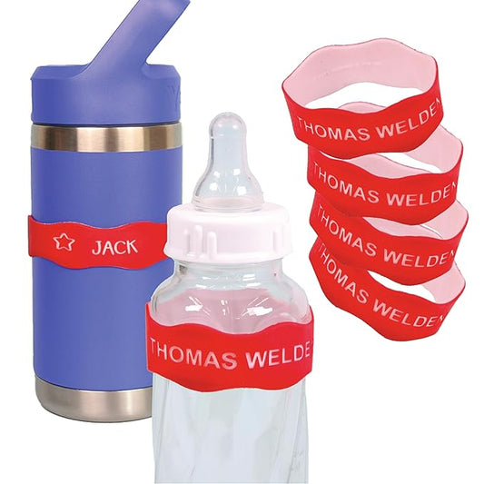 InchBug Orbit Labels Baby Bottle and Water Bottle Silicone Name Bands – Personalized Reusable Label Set for Daycare, Sippy Cups, Preschool, Elementary School, Dishwasher Safe, 4-Pack (Fire Truck Red)