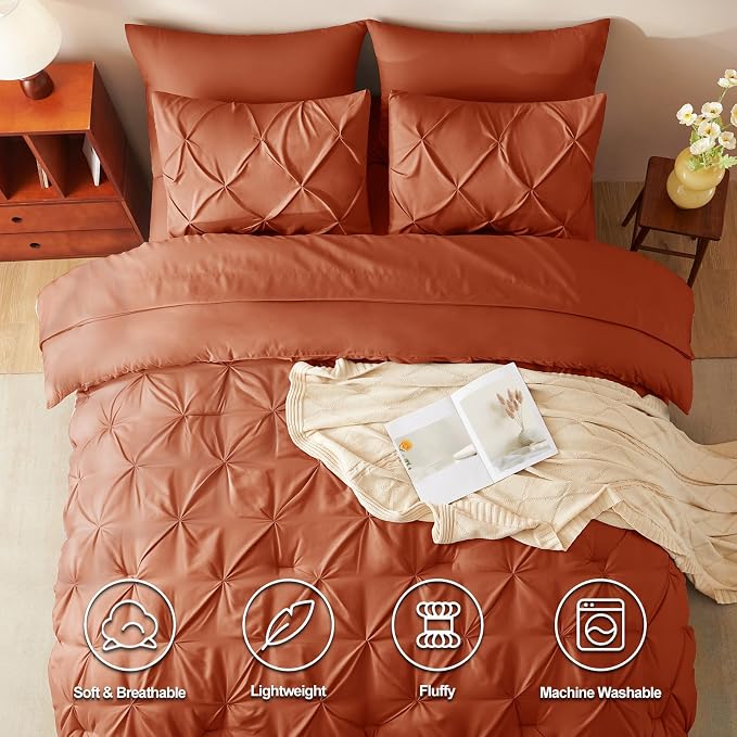 CozyLux Queen Comforter Set Burnt Orange, 7 Pieces Pintuck Bed in A Bag Premium - Image 2