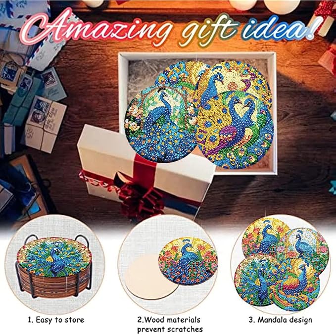 8 Pack Diamond Art Coasters, Peacock animals Diamond Painting Coasters Kits | - Image 7