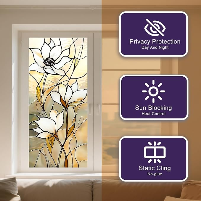 IVN Privacy Window Film Stained Glass Static Cling Window Film White Floral - Image 9