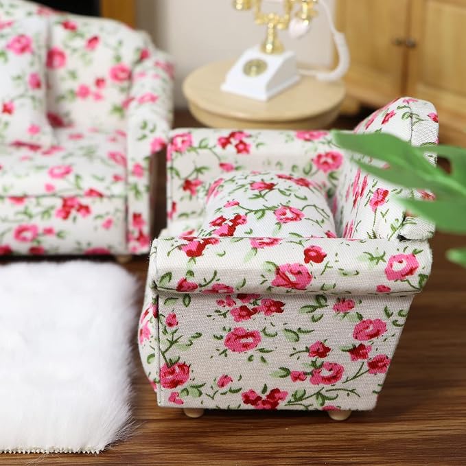 Dollhouse Couch with Pillow 1 12 Scale Miniature Sofa Arm Chair Living Room - Image 2