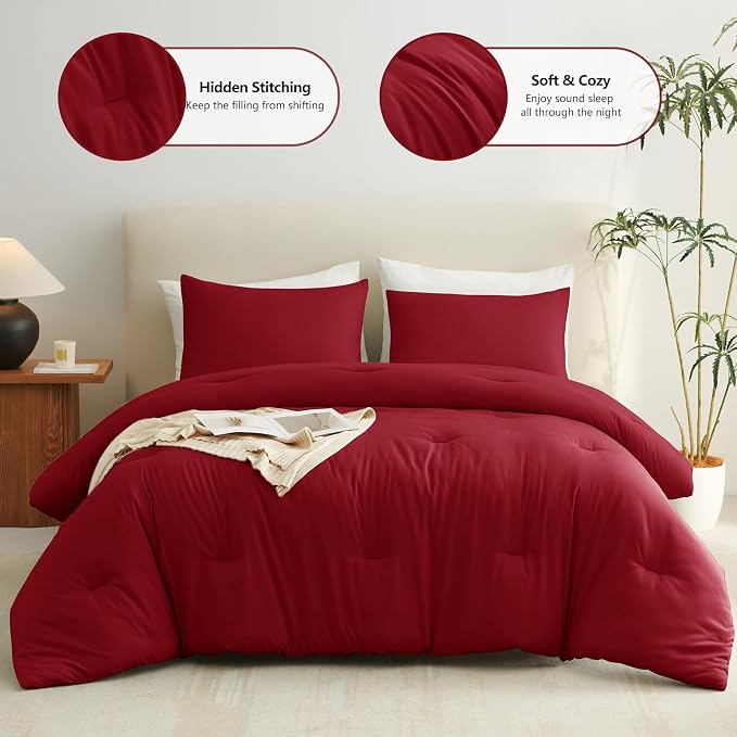 CozyLux Oversized King Comforter Set Dark Red, 3 Pieces 120x98 Solid Breathable - Image 2