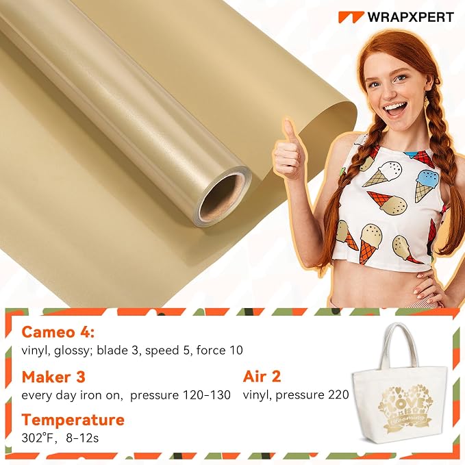 WRAPXPERT Gold Iron on Vinyl, Light Gold Heat Transfer Vinyl 12''x5ft Champagne - Image 4