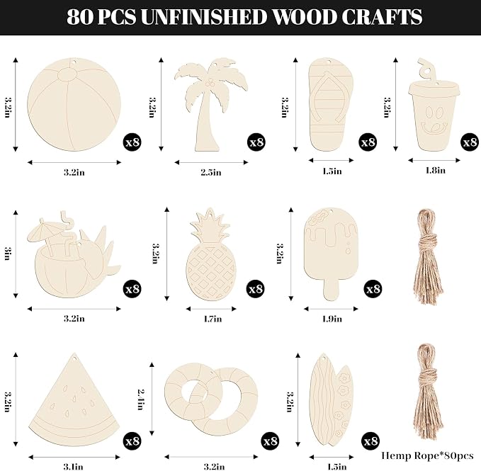 Subacy 80 PCS Unfinished Wood Cutouts 10 Styles DIY Wooden Summer Ornaments - Image 3