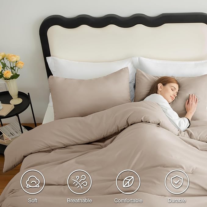 CozyLux Full Size Comforter Set Wheat, 3 Pieces Solid Breathable Quilted - Image 5