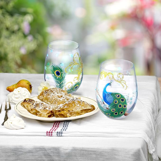 NymphFable Wine Tumbler Hand Painted Stemless Wine Glasses Peacock Set of 2 - Image 7