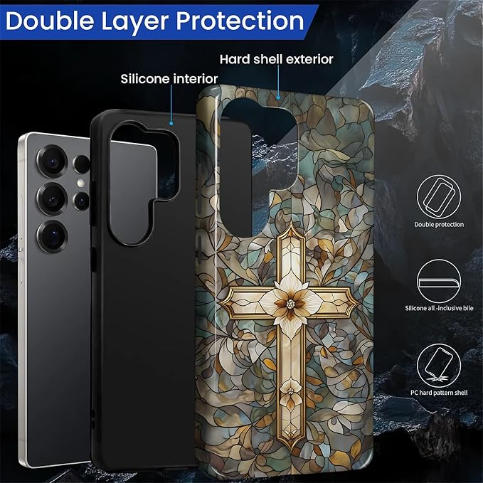 for Samsung Galaxy S25 Ultra Case, Christian Cross Stained Glass Pattern Glossy - Image 3