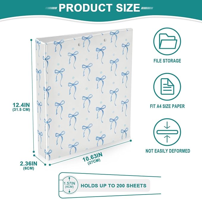 Blue Bow Round Ring Binders 1.5 Inch Ribbon Bow Knot 3 Ring Clipboard Binder - Image 4