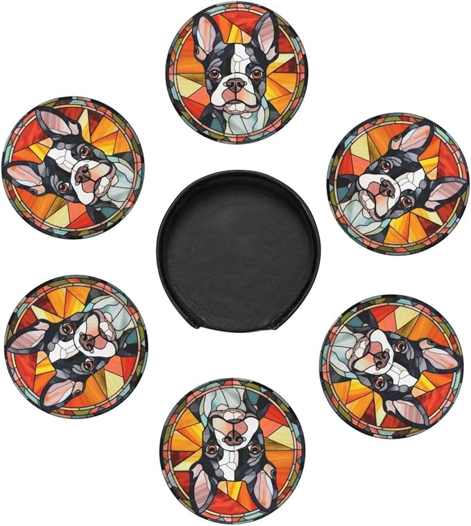 Drink Coaster Set of 6, Boston Terrier Dog Mom Lover Gift, Leather Drink - Image 4