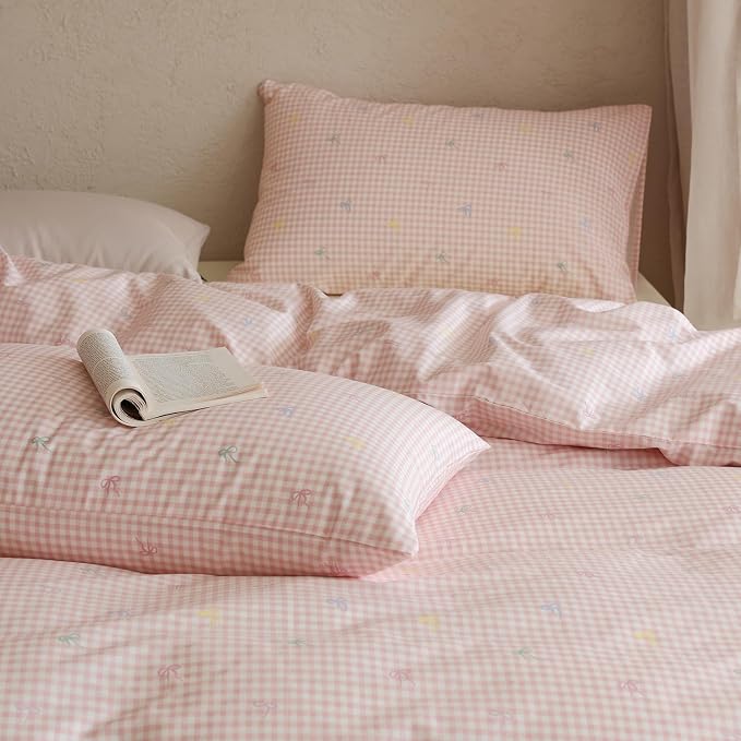 mixinni Gingham Duvet Cover Twin Size, 100% Cotton Light Pink and White Gingham - Image 5