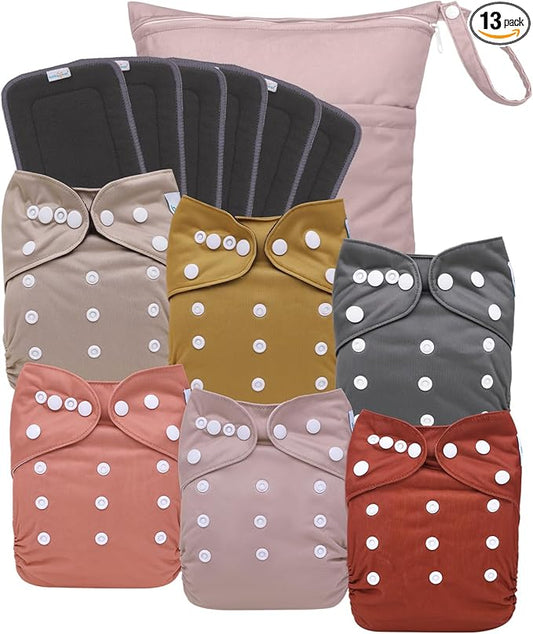 babygoal Reusable Charcoal Cloth Diapers with Double Gussets, 6 Pack Washable Baby Pocket Diapers with 6pcs Charcoal Inserts and Wet Dry Bag(Neutral Color)