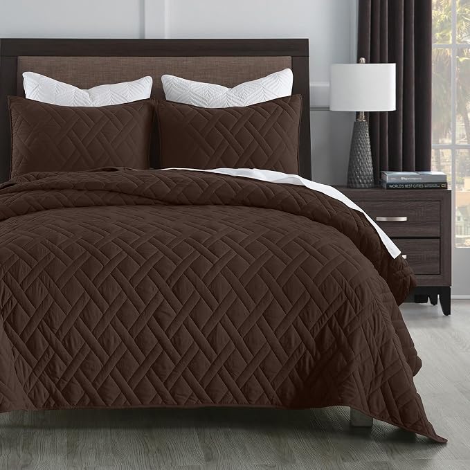 HORIMOTE HOME Quilt Set King Size Chocolate, Classic Geometric Diamond Stitched by HORIMOTEHOME