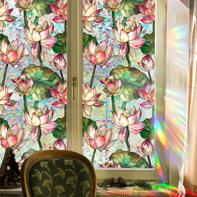 JOONOR Retro Lotus Flowers Window Privacy Film, Stained Glass Decals Colorful - Image 3