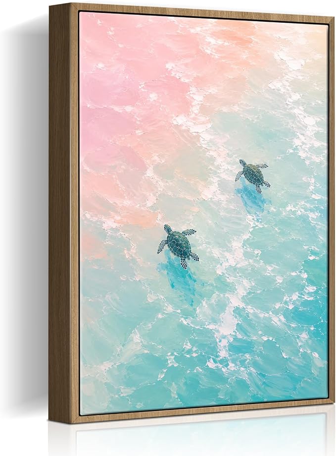 Framed Pastel Sea Turtle Canvas Wall Art Dreamy Pink Turquoise Ocean Turtle by HomeifHue