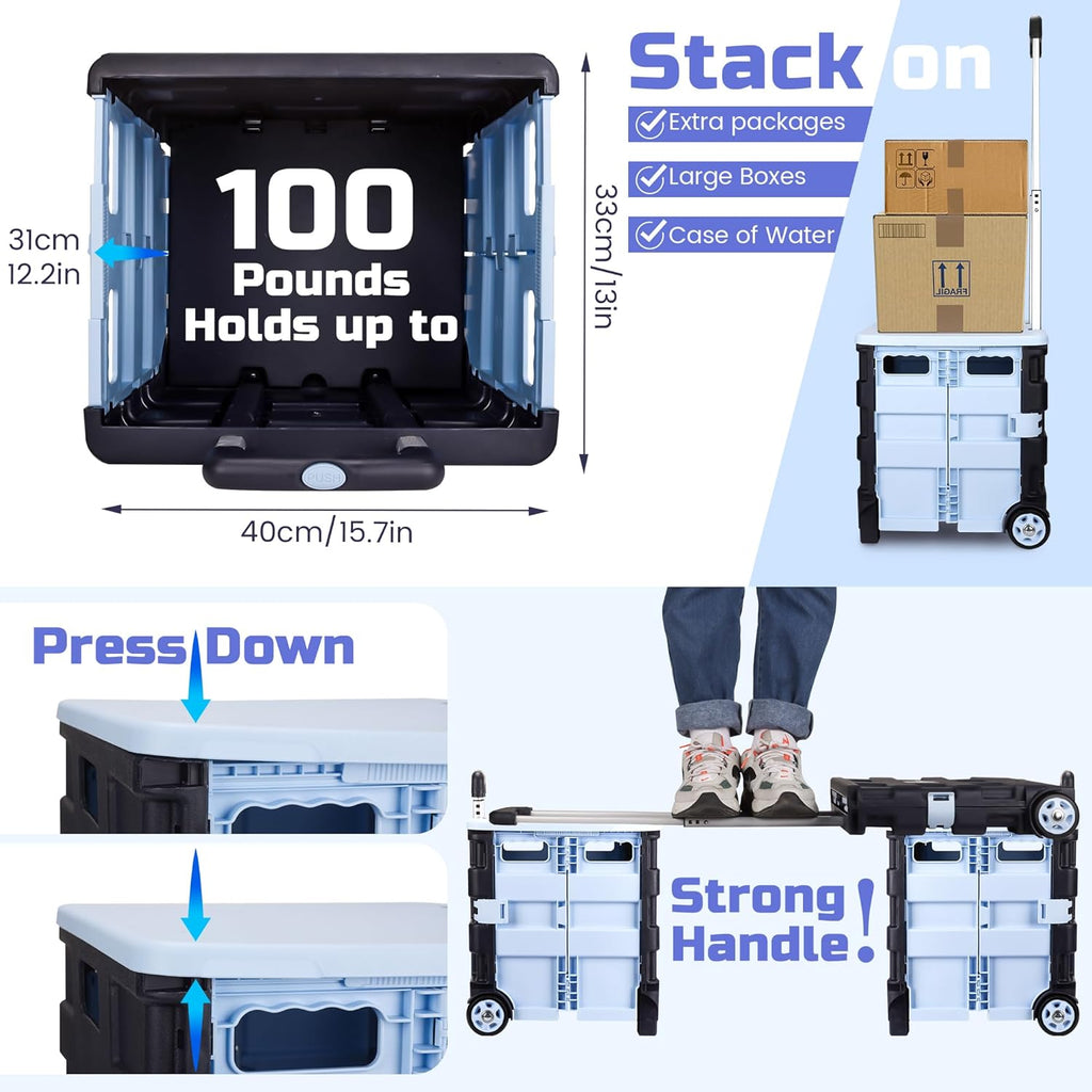 Collapsible Rolling Crate on Noiseless Wheels: Portable Utility Cart for Shopping Teacher Laundry (Blue)