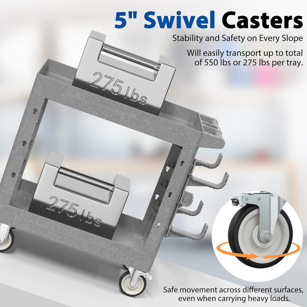 Heavy Duty Rolling Utility Cart with Wheels 2 Tier Utility Plastic Service Work Cart for Shop, Garage, Warehouse, Maintenance 550 lbs