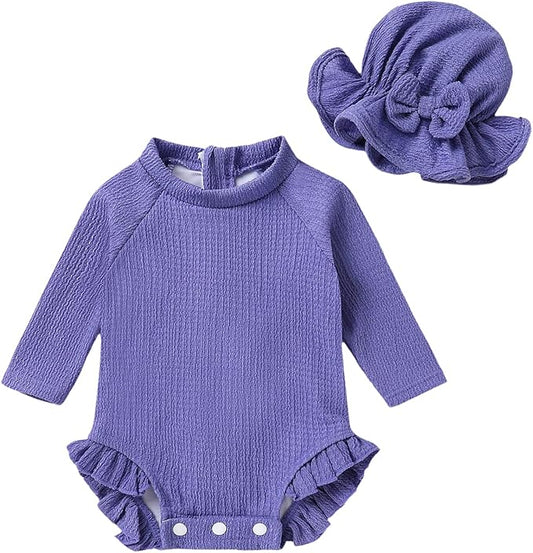 YOUNGER TREE Infant Baby Girls Swimsuit Long Sleeve Swimsuits One Piece Swimsuit Solid Color Bathing Suit with Hat, UPF 50+