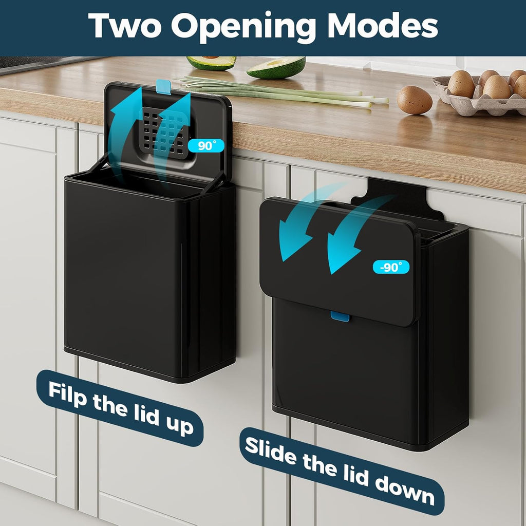 Stainless Steel Hanging Trash Can with Lid and Inner Bucket, 2 Gallon Kitchen Compost Bin for Counter Top, Under Sink or Wall Mount, Small Garbage Can for Cupboard/Bathroom/Bedroom/RV, Black