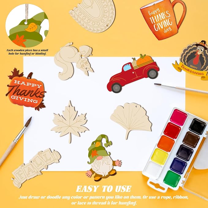Subacy 80 PCS Unfinished Thanksgiving Wood Cutouts 10 Styles DIY Wooden Crafts - Image 4