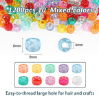 Simetufy 1200 pcs Pony Beads 6x9mm Glitter Clear Plastic Beads Transparent Beads - Image 3