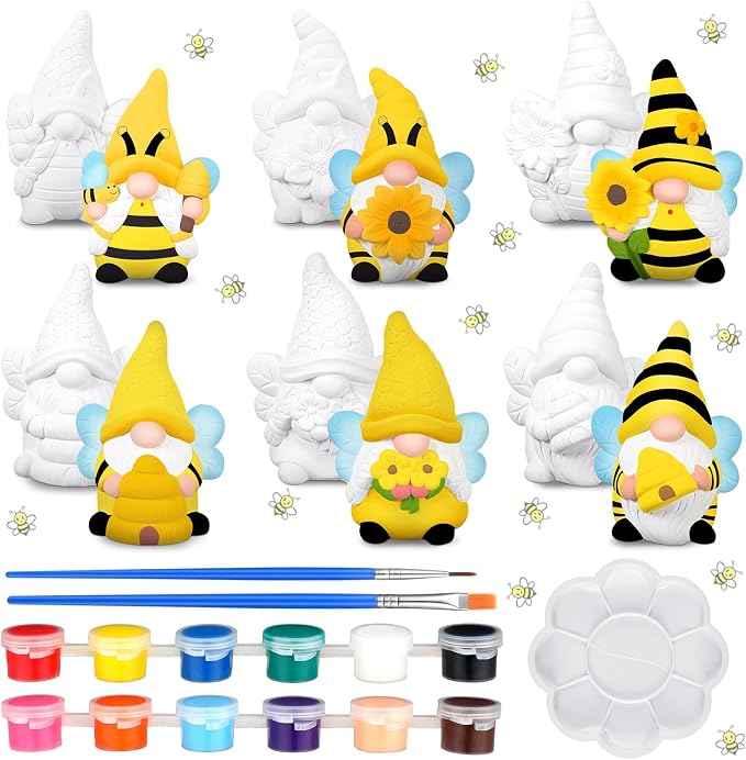 Poen 6 Sets Ready to Paint Your Own Bee Gnome Statues DIY Ceramics Bee by Poen