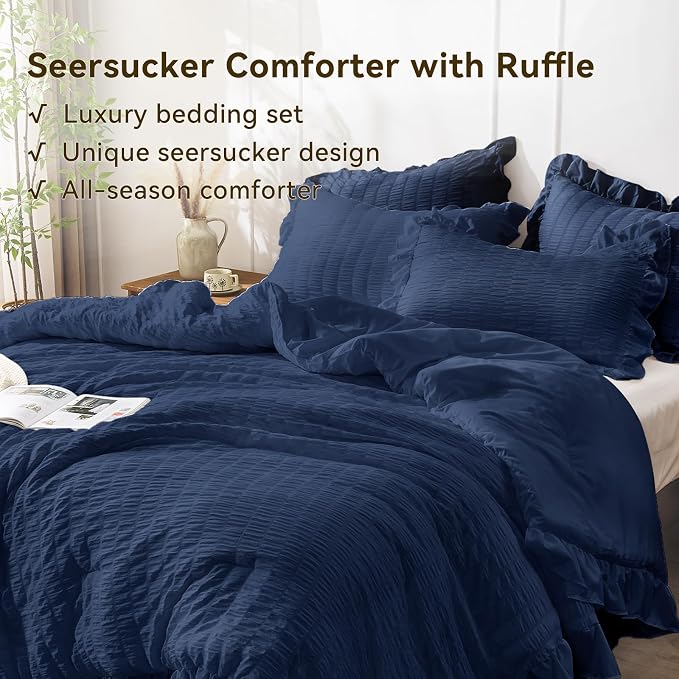 JOLLYVOGUE Navy Blue King Comforter Set, 3 Pieces Seersucker Comforters King - Image 4