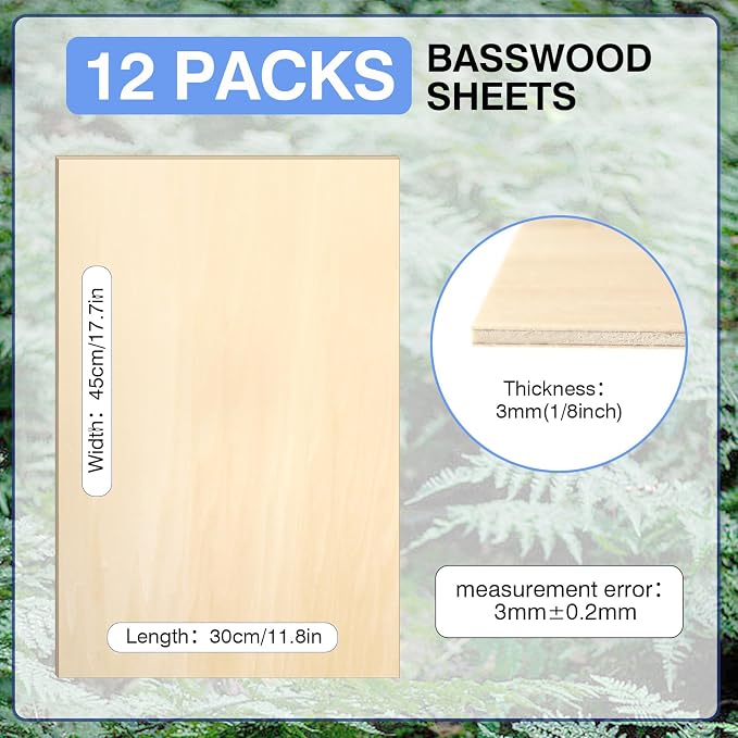 12 Pack Basswood Sheets for Crafts 12 x 18 x 1/8 in, 3mm Thick Unfinished - Image 2