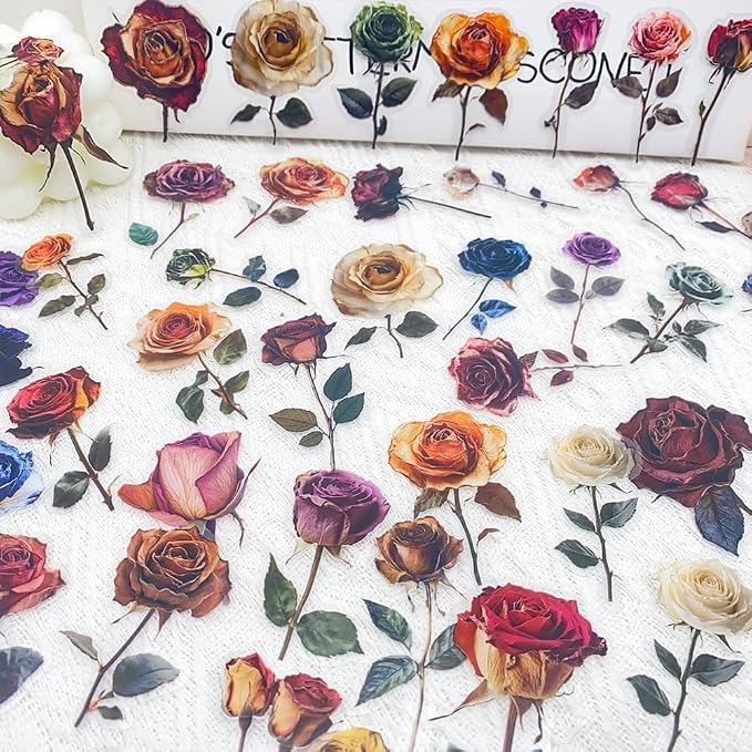 50PCS Vintage Dried Rose Stickers – Clear Waterproof Flower Botanical Scrapbook - Image 4