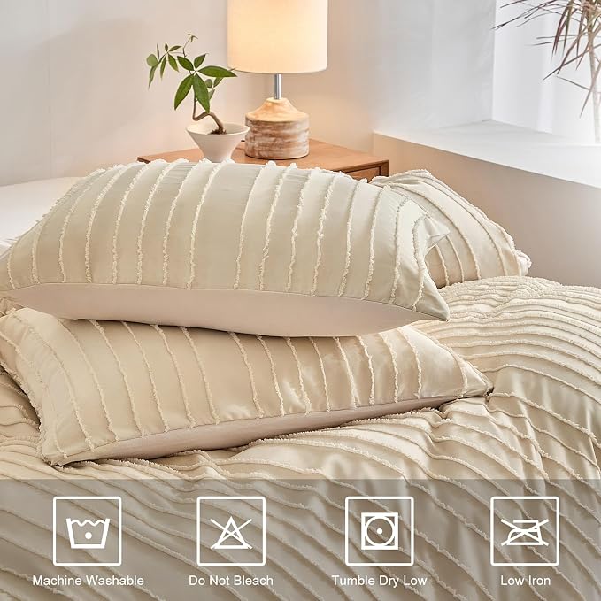 WARMDERN Khaki Boho Duvet Cover Set Full Size, Striped Textured Tufted Bedding - Image 4