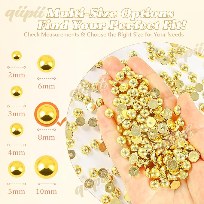 qiipii 380PCS 8mm Shiny Gold Round Half Round Pearls - Image 3