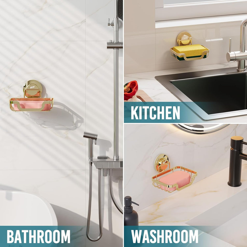 TAILI Soap Holder Bar Dish Suction Cup, Bar Shampoo Rack for Shower Wall, Draining Soap Saver Tray for Bathroom, Rustproof Stainless Steel Sponge Holder for Tub, Kitchen, Drill-Free, Gold